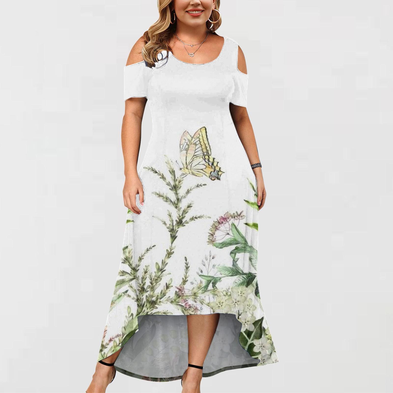 

Women s Large Size Short Sleeve Fashion Floral Butterfly Print Round Neck Strapless Irregular Hem Dress XXXXXL зелений