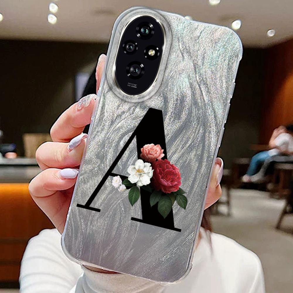 Schwarze Hülle mit AZ-Buchstaben und Blumen-Farbverlauf für Huawei Honor 400 200 Lite 200pro X9a X9c X8a, weiche Silikon-Stoßstange, harte PC-Rückseite
