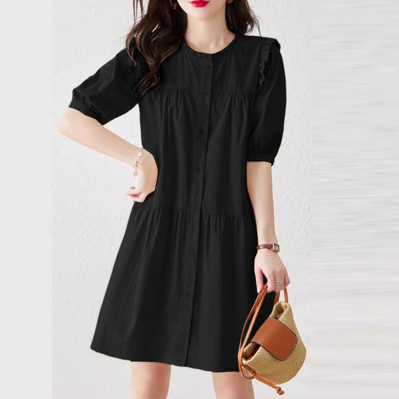 ZANZEA Women Casual Round Neck Solid Color Loose Short Sleeve Dress