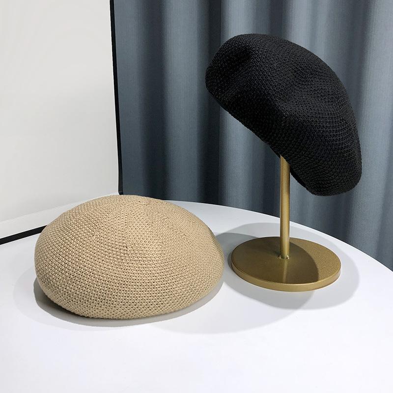 Sommer Tynn Stil Flettet Beret for Kvinner, Vår og Sommer, Liten, Japansk, Liten, Frisk, Hul, Pustende, Beret Kunstnerhatt
