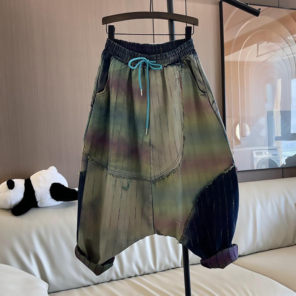 Trendy unique brand exaggerated hanging pants for women, spring-autumn new elastic waistband, loose plus-size patchwork hip-hop jeans