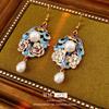 Vintage Retro Enamel Flower Earrings with Rhinestone & Pearl Hooks