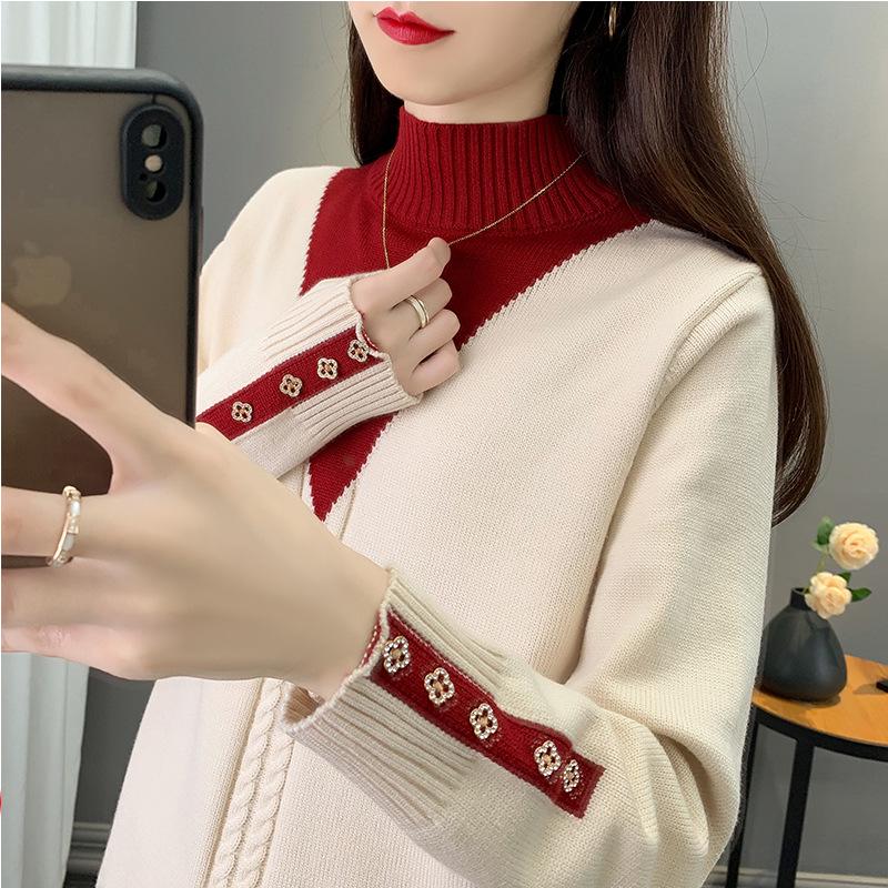 

Women s Autumn & Winter Half Turtleneck Two-Piece Layered Knitted Sweater L бежевий