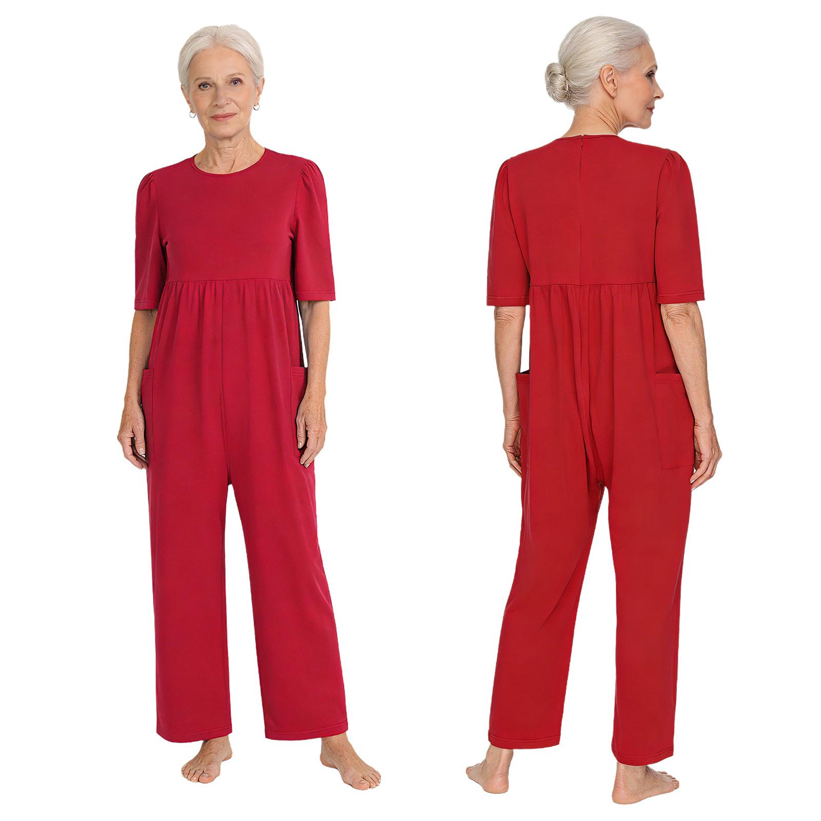 Salopetă Adaptivă pentru Vârstnici cu Alzheimer S-XXL Mânecă Scurtă Buzunare Laterale Pantaloni Lungime Până la Gleznă Fermoar pe Spate Anti-Desfăcare pentru Nevoi Speciale M roșu