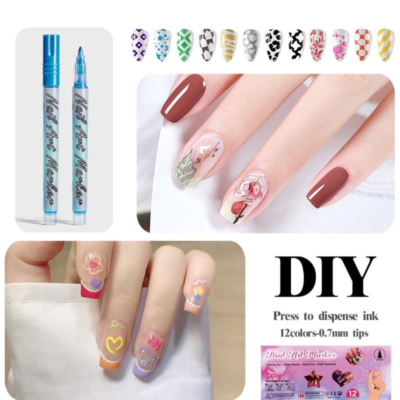 12 Color Quick Dry Nail Art Pens Fine Tip for Precise Drawing Not Require Lamp Water Based Safe for DIY Manicures