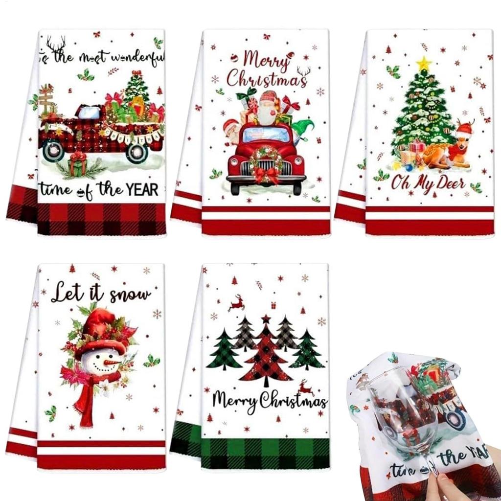 5-Pack Christmas Kitchen Towels Festive Dish Cloths With Santa Elk Snowman Designs For Holiday Dining, Party & Home Decor