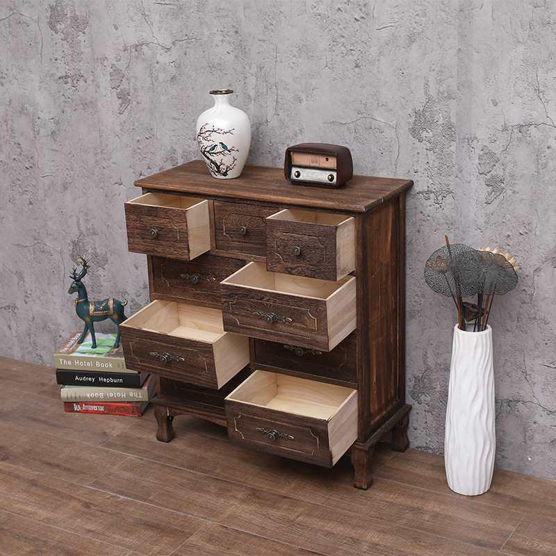 American Retro Country Solid Wood Storage Cabinet: Seven-Drawer Chest for Living Room or Bedroom.