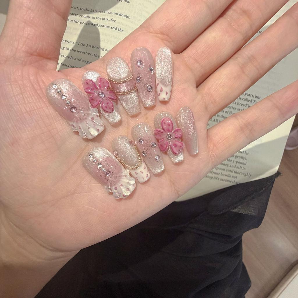 10Pcs Sweet Handmade Press On Nails Flower Butterfly Glossy Diamond Full Cover Acrylic Fake Nail Tips Art