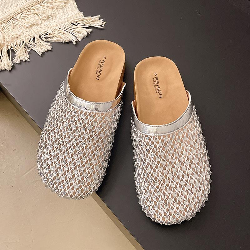 Thick-bottomed Mesh Rhinestone Bag Head Half Slippers Women's 2025 Summer New Outer Wear Lazy One Pedal Beach Cool Slippers