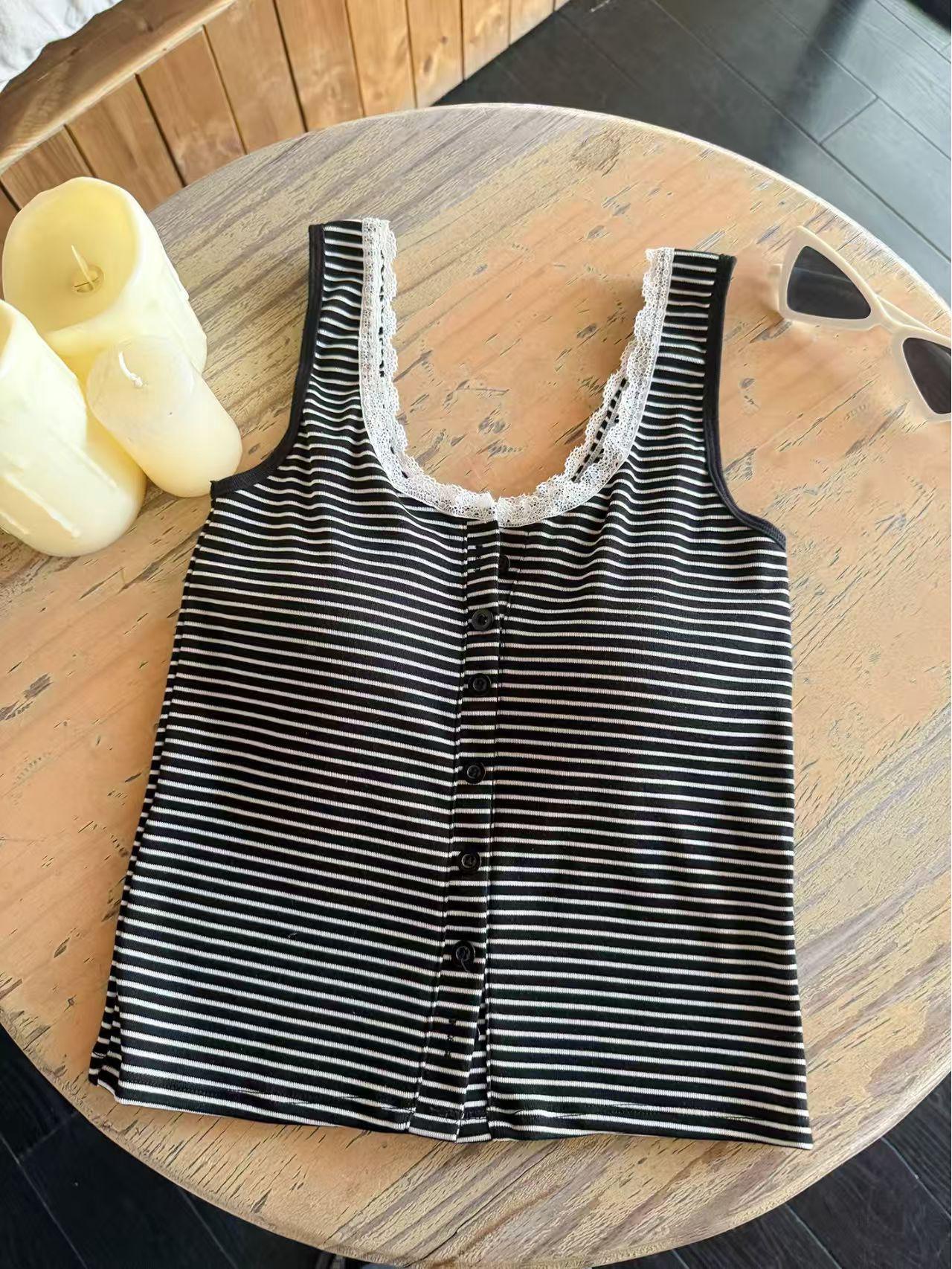 Spring Lace-Trimmed Striped Wide Shoulder Tank Top - Spicy Girl Camisole One Size [40-62.5 kg]
