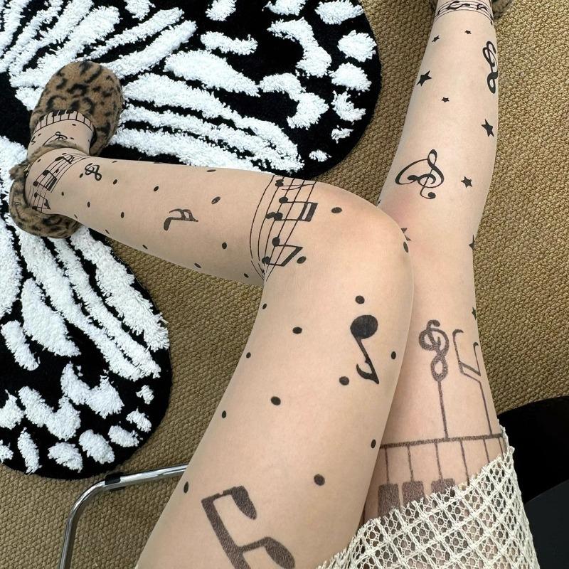 Vintage Y2K Lolita Music Note Piano Print Pantyhose for Women Sexy Stockings Korean Sweet Cool Hosiery Thin High Elastic Socks