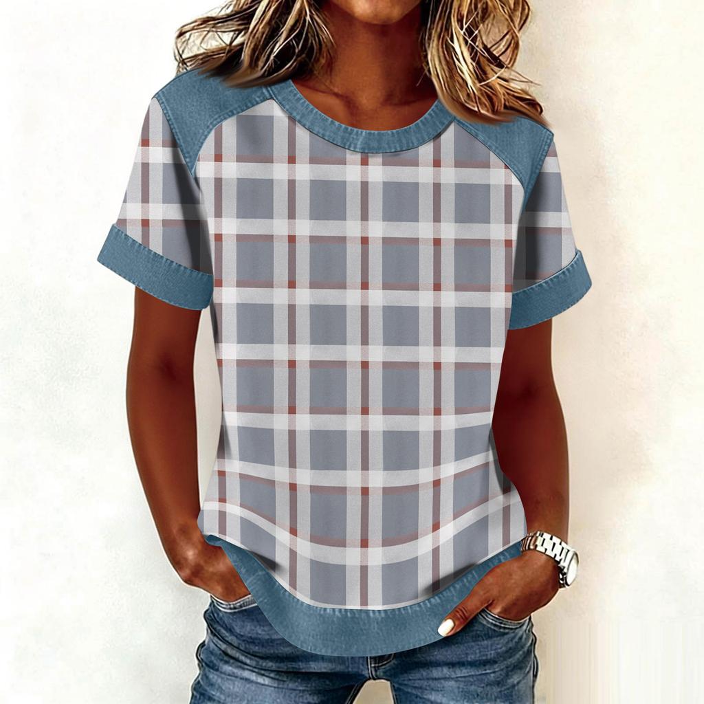 Women Denim Collar Patchwork Stitching Sweatshirt Casual  Printed Pullover Short Sleeve Shirts