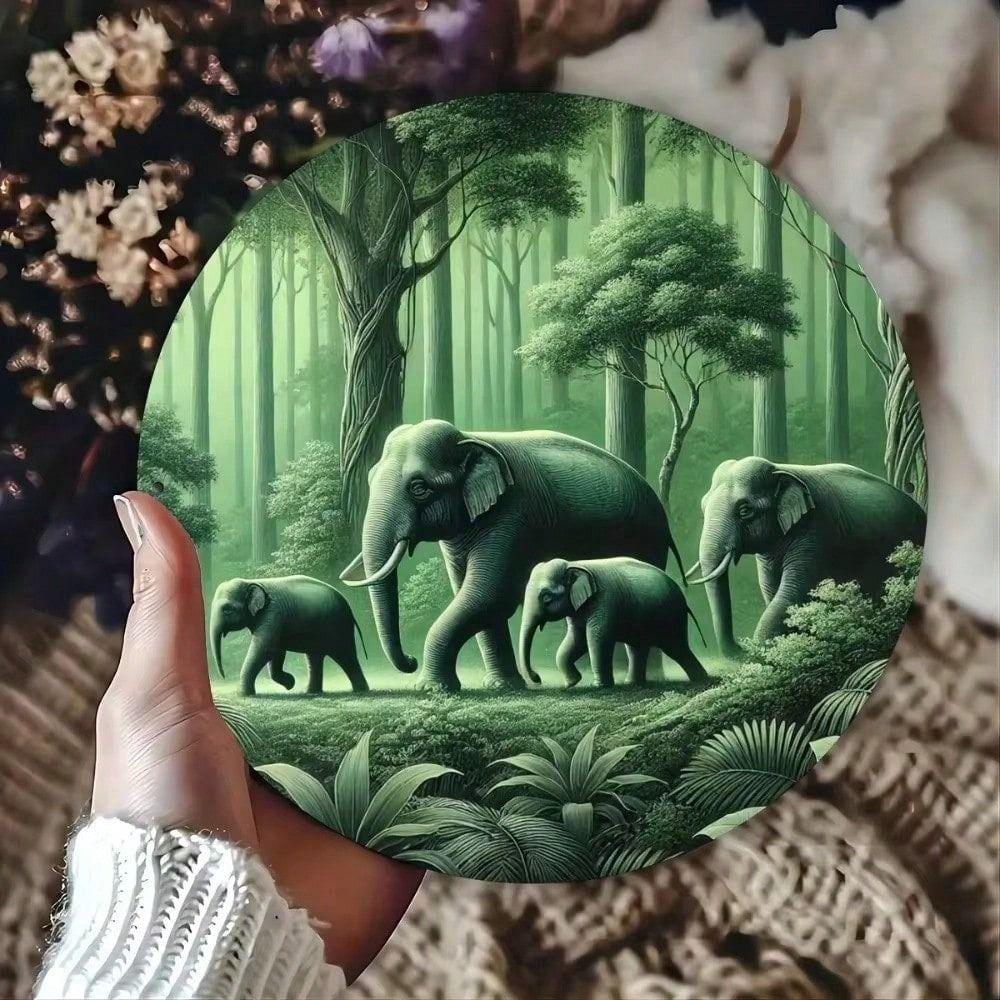 Art Mural Rond en Métal Éléphant de Forêt Vintage 20x20 cm Décor de Bar