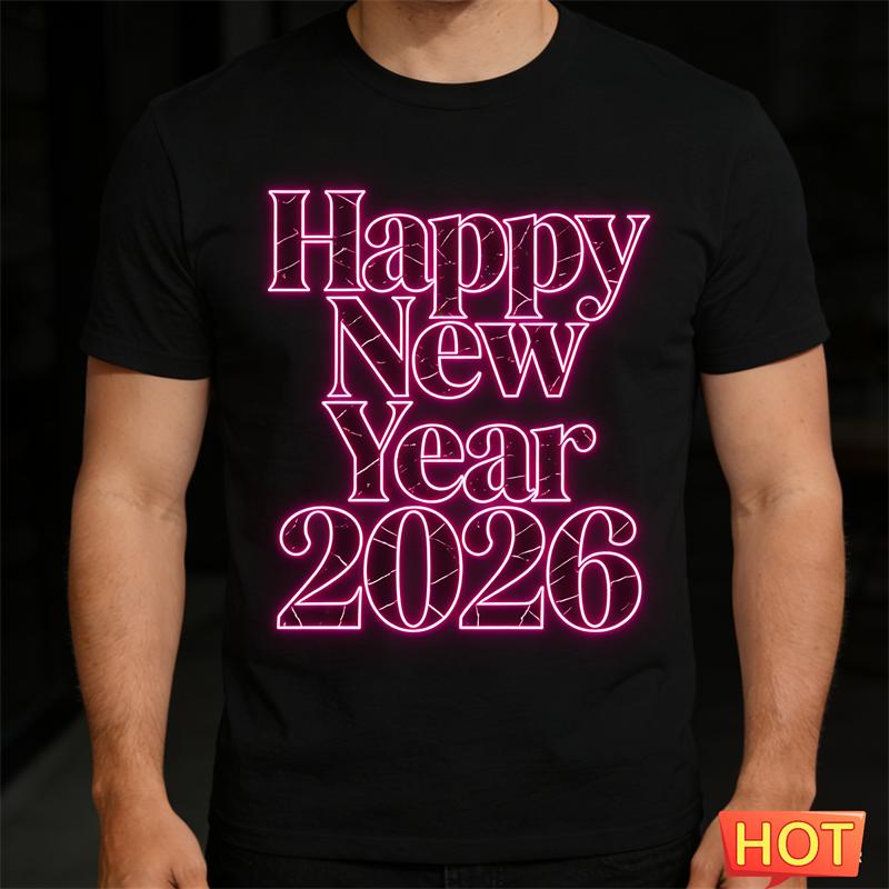 Simple Happy New Year 2026 Letters T Shirts For Men Fashion Crew Neck 3D Printed Short Sleeve Tshirts Loose Streetwear Tees