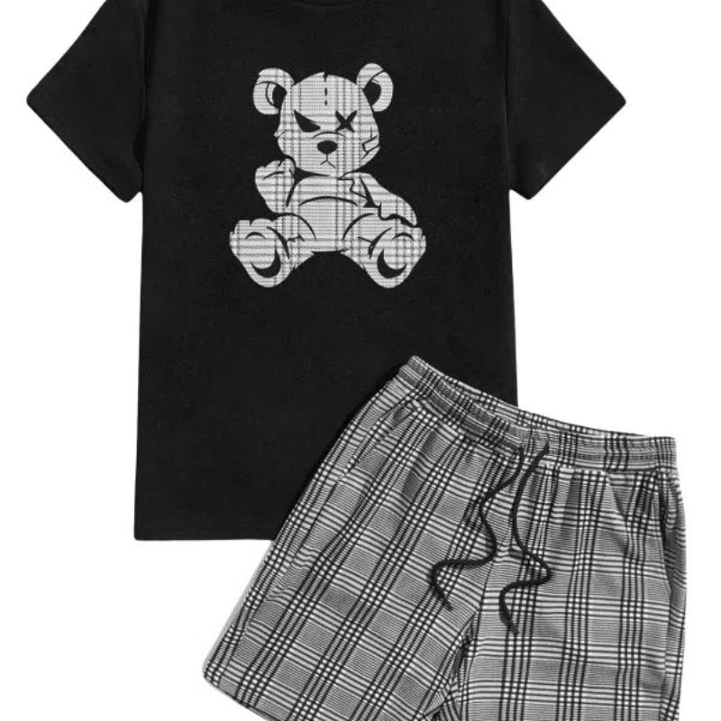 Lüks Çocuk Yaz Spor Giyim Tişört Şort 2 Parça Retro Set Moda Giyim Seti Sokak Giyimi Ayı Desenli 3D Baskı Stil