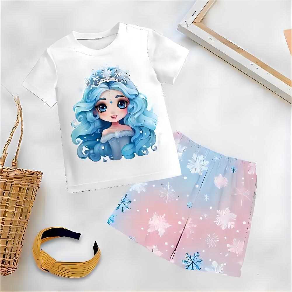 2024 Sommer 4-14 Jahre Kinder Niedliche Mädchen 3D Prinzessin Druck Muster Polyester Kurzarm T-Shirt Und Shorts Sets