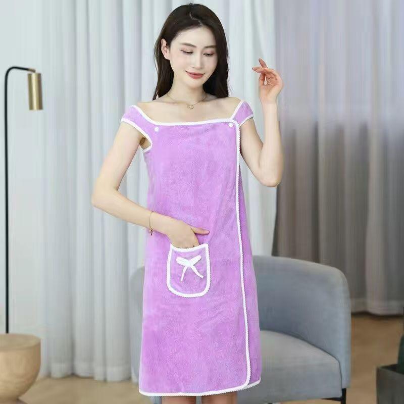 1pc Wearable Bath Towel Absorbent Quick Drying Bathrobe with Pockets Bow Decor Bath Wrap Towel Bathroom Supplies