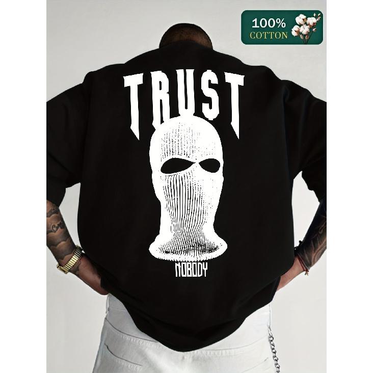men's black cotton t-shirt with bold trust nobody graphic and ski mask print, relaxed fit short sleeve crew neck streetwear for daily casual wear