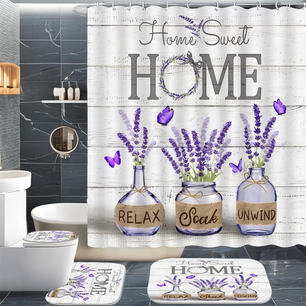 Blue Hydrangea Shower Curtain Set Rustic Butterfly Floral Bath Curtains Home Bathroom Decor Floor Rug Bath Mats Toilet Lid Cover
