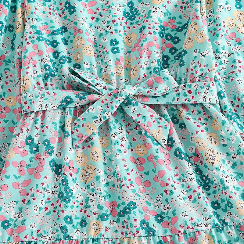 7-12 Years Old Girls Clothing Spring and Autumn Dress New Green Floral Print Dress Casual Long-sleeved Dresses