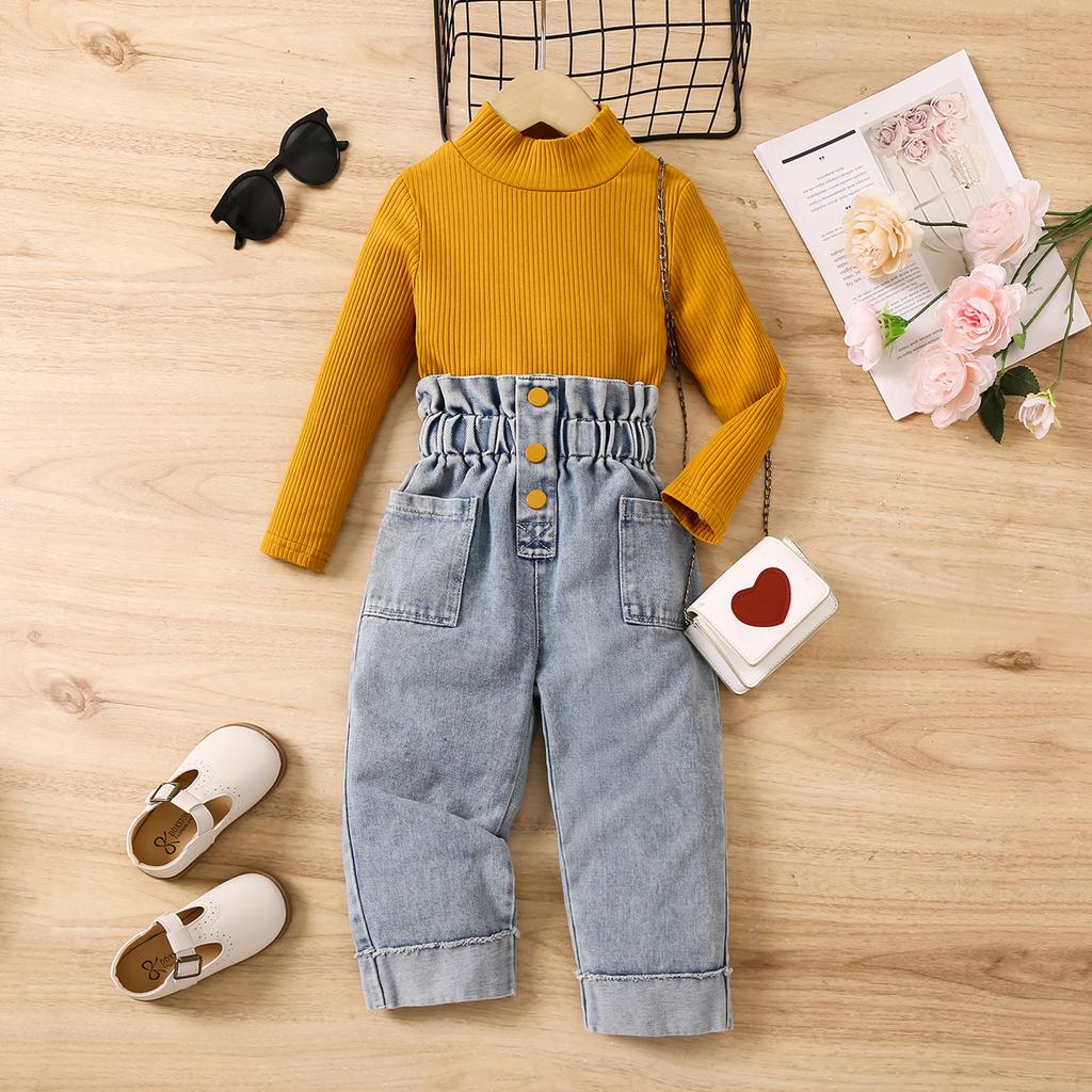 Mädchenmode-Set für Herbst und Winter, Kinder-Freizeit-einfarbiges Langarm-Pullover und Jeans