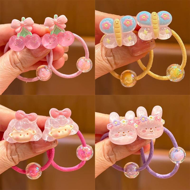 2 Pieces Cute Butterfly Cherry Elastic Hair Bands for Kids Girls Children's Hair Ties Baby Headdress Accessories