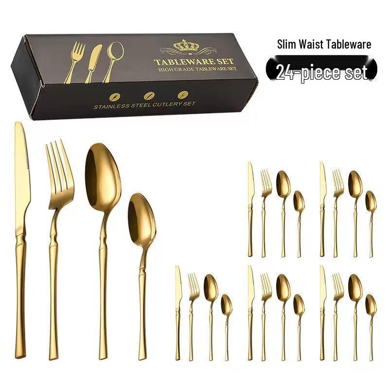 Gold 24-Piece Stainless Steel Cutlery Set: Elegant Steak Knife, Fork, and Spoon for Western Cuisine.
