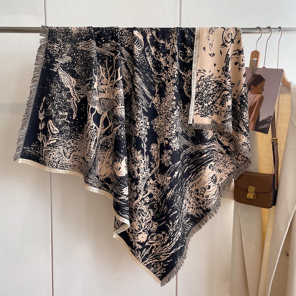 Korean Version Scarf Women'S Versatile Double-Sided Fringed Imitation Cashmere Shawl Fashion Flower Thickened Warm Scarf