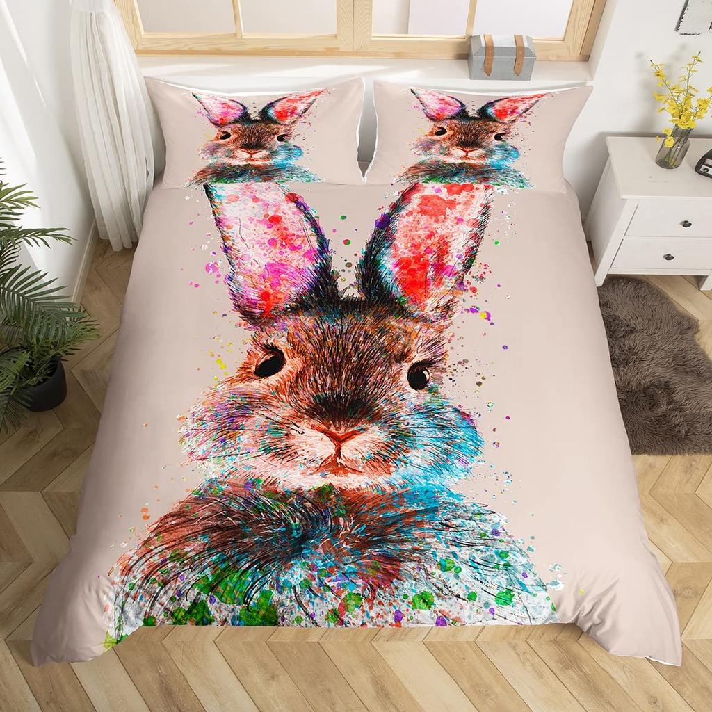 Cute Rabbit Duvet Cover Watercolor Sketch Of Sleeping Single White Easter Bunny Room Decorative Bedding Set For Girls Children