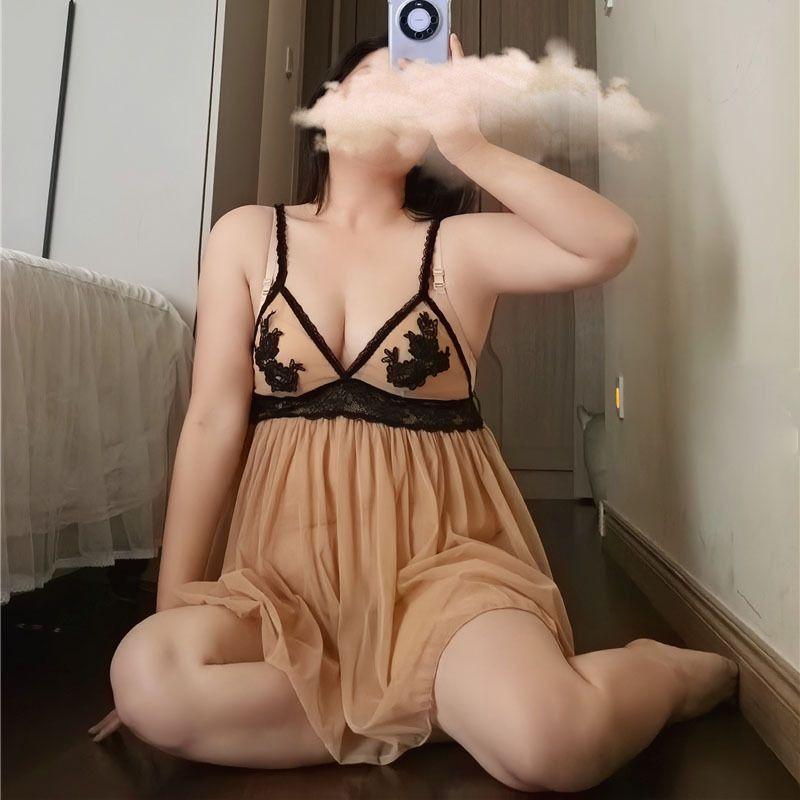 

Летняя одежда для полных женщин Новая одежда для женщин больших размеров Свободное похудение с сокрытием живота Сексуальный сетчатый пеньюар на бретелях Apricot XL