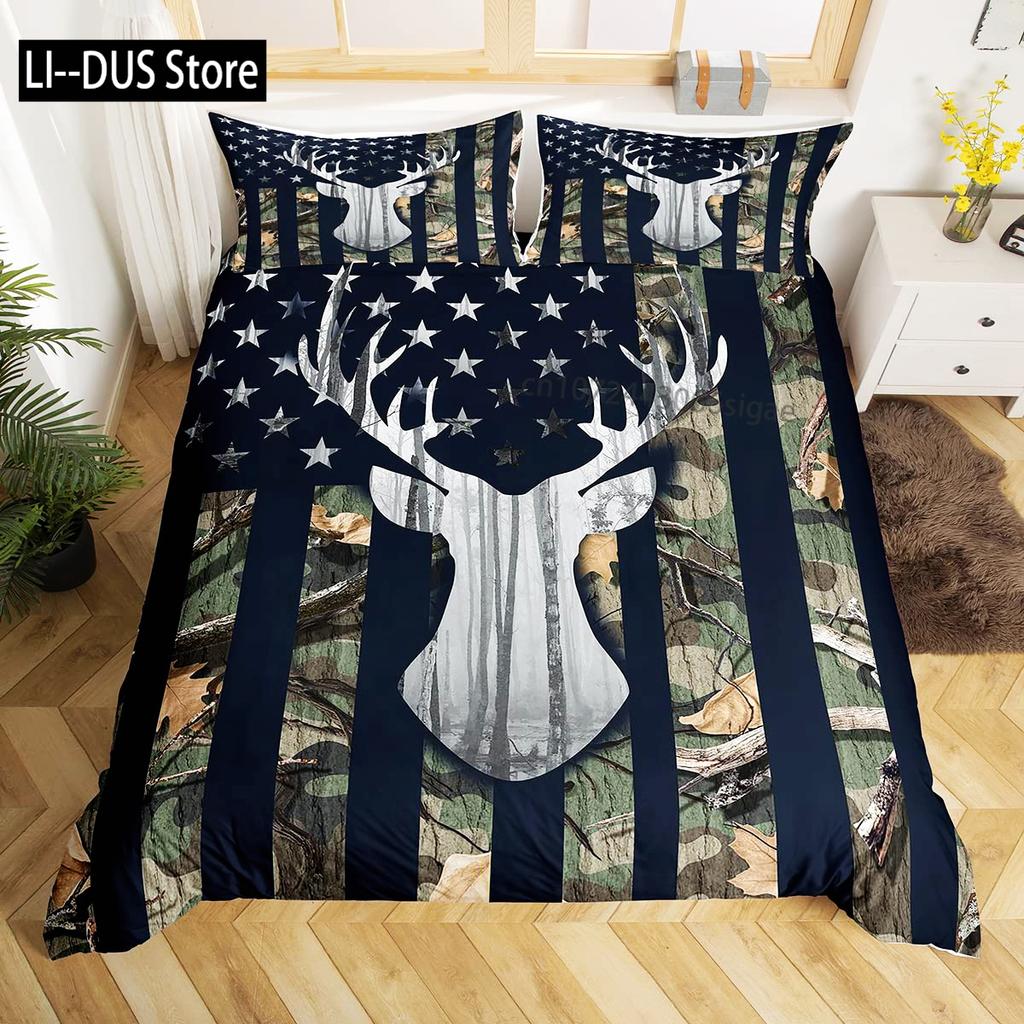 Kamo Jelen Povlečení Set Parohy Šíp Vzor Ložní Set Pruhy Mřížka Kamufláž Přikrývka Mikrovlákno King Přikrývka