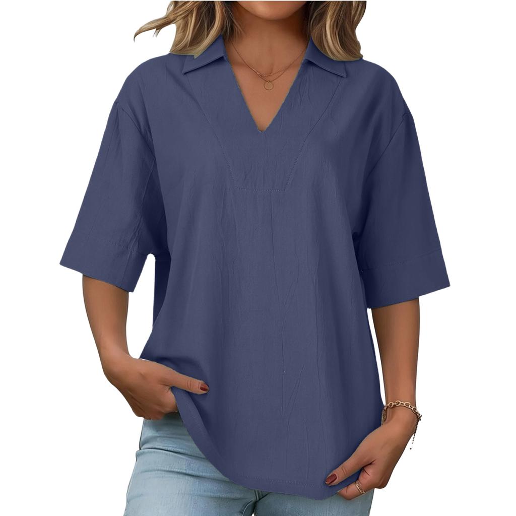 Women's Fashion V-neck Cotton Linen Short Sleeve Hundred And One Color Loose Shirt Top