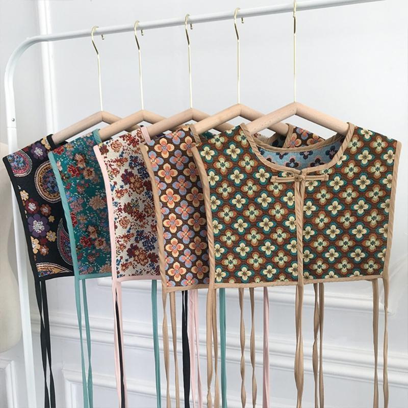 Women Chinese Embroidery Half Top Shawl Vintage Flroal Cheongsam Fake Collar Lace-Up Decorative Neck Cover Dickey Short