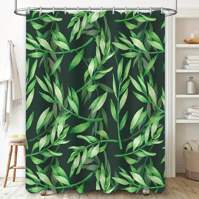 Green Leaves Shower Curtain Bathroom Decor for Home Decoration Water-Proof Fabric Various Sizes Available.