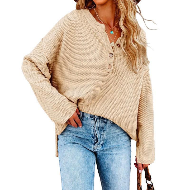 

Женский вязаный свитер с V-образным вырезом на пуговицах - однотонный, стильная европейская и американская уличная мода, большой размер для внутренней и внешней одежды Small бежевый