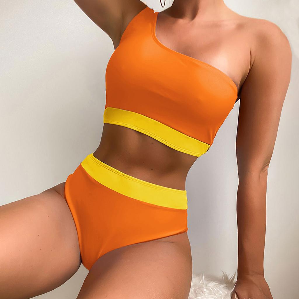 Dámské plavky Colorblock na jedno rameno sexy bikini s vysokým pasem na zádech, plavky na pláž