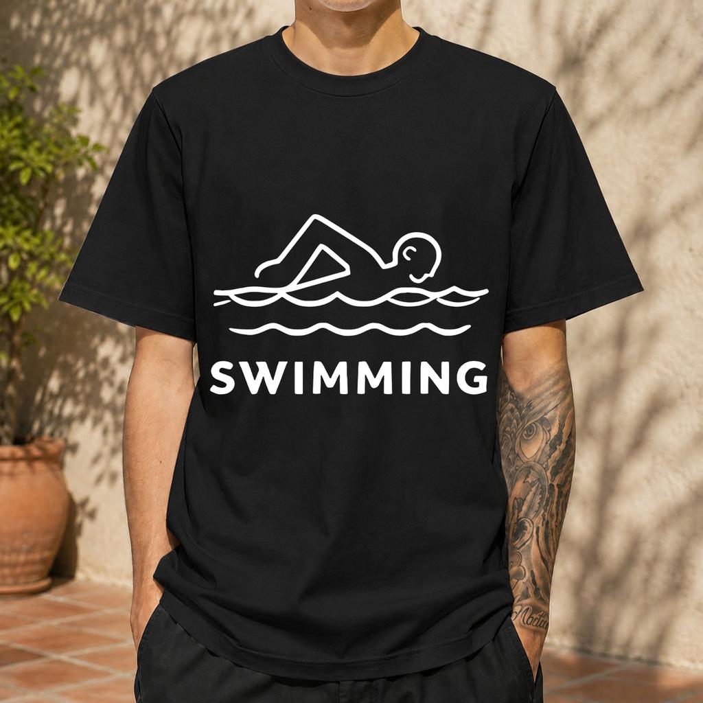 2026 New Pure Cotton Tshirt With Swimmer Silhouette And Water Ripple Print Casual Crew Neck Short Sleeve