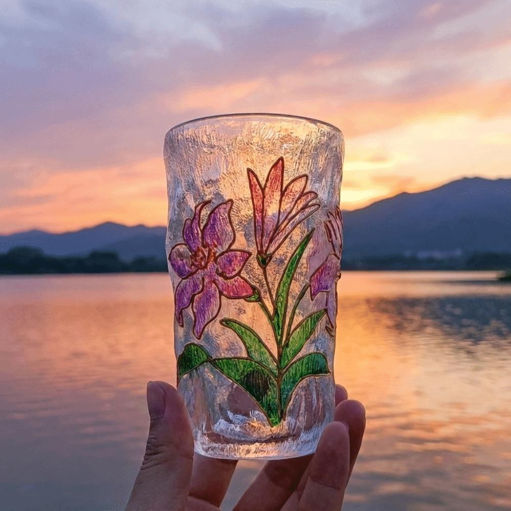 Gletscherstruktur Handbemalte Glas Tasse Blumen Design Bier Tasse Mode Saft Tasse Tee Zeit