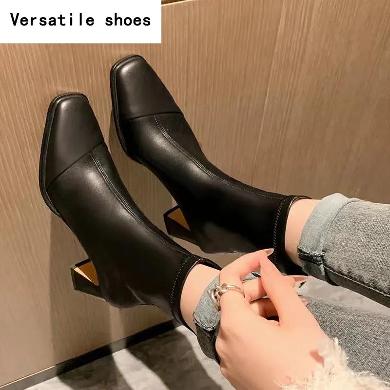 Autumn Winter Warm Cotton Women Ankle Boots Fashion Square Toe Short Booties Ladies Concise Thick High Heels Shoes