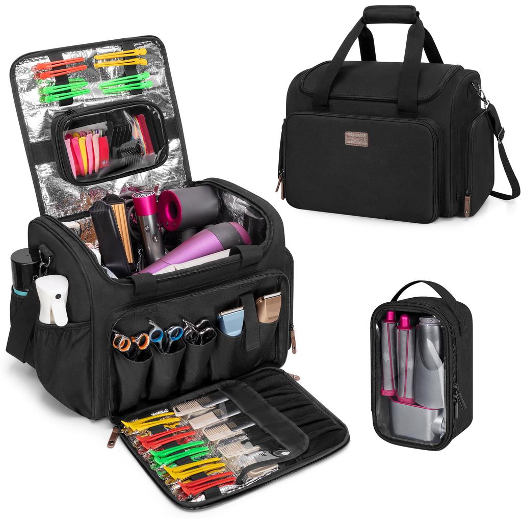 BAFASO Barber Tool Bag Black, Hairdressing & Grooming Supplies Organizer with Dividers, 2 Storage Pouches & Insulated Lining, Bag Only