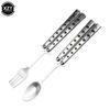 Cuillère Fourchette Pliante en Acier Inoxydable Couteau Papillon Balisong Cuillère Fourchette d'Entraînement Ustensiles de Table Portables pour Camping en Plein Air Kitch