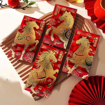 6Pcs/Set Paper 2026 New Year Red Envelope Chinese Style Gold Stamping Horse Year Money Envelope Traditional Blessing