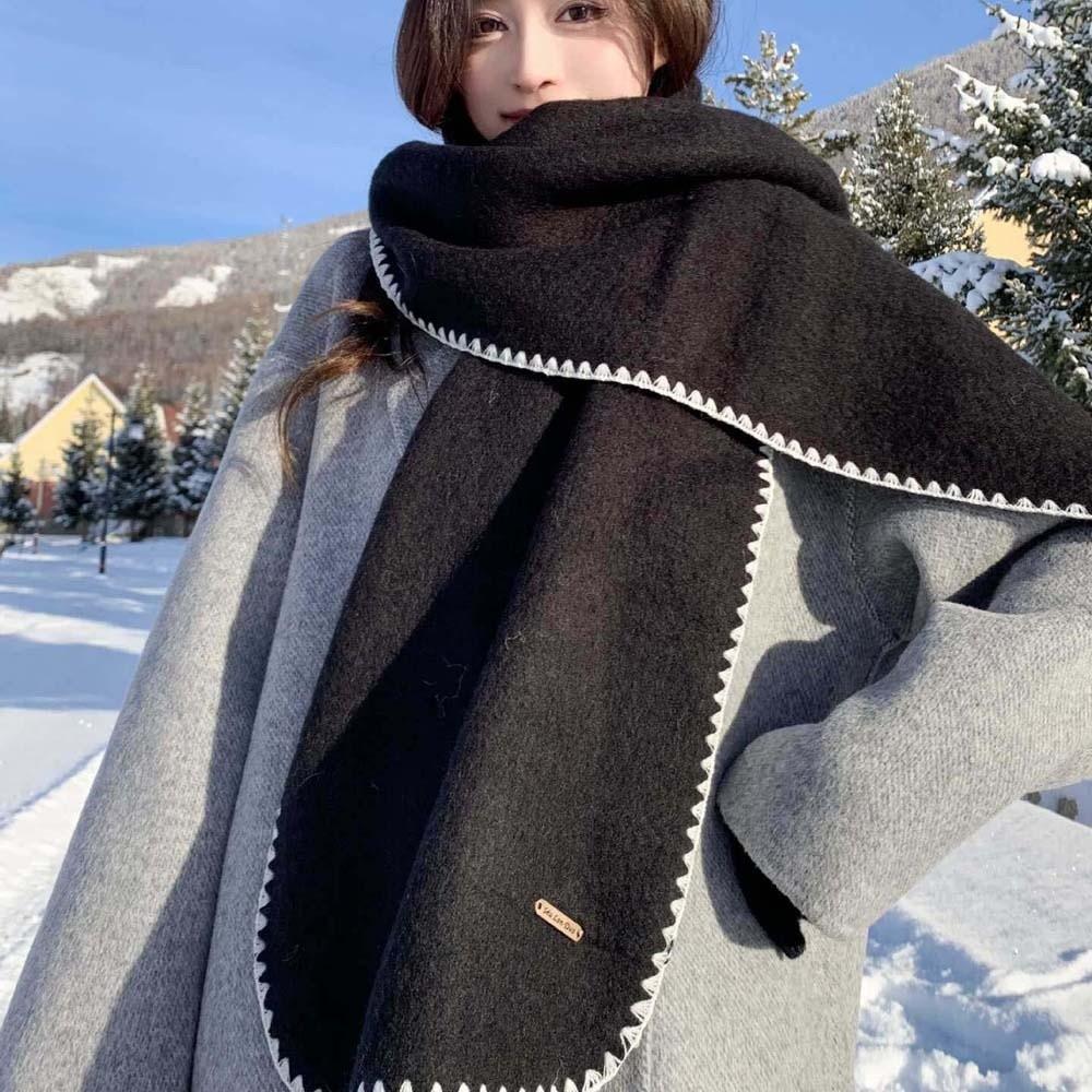 Solid Color Lock Edge Winter Scarf Soft Women Warmer Scarf Long Thickened Neckscarf  Christmas