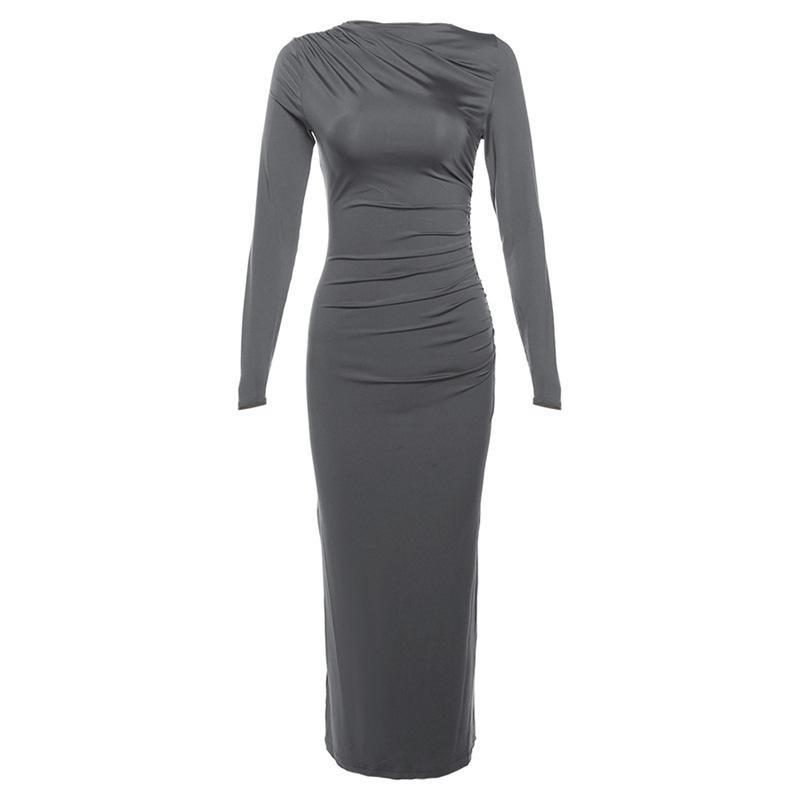 New Women's Round Neck Long Sleeved Bodycon Dresses Tight Casual Solid Color Wrap Long Dress Clothing