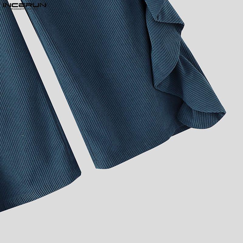 INCERUN Autumn Winter Men High Waist Solid Color Ruffled Casual Corduroy Long Pants