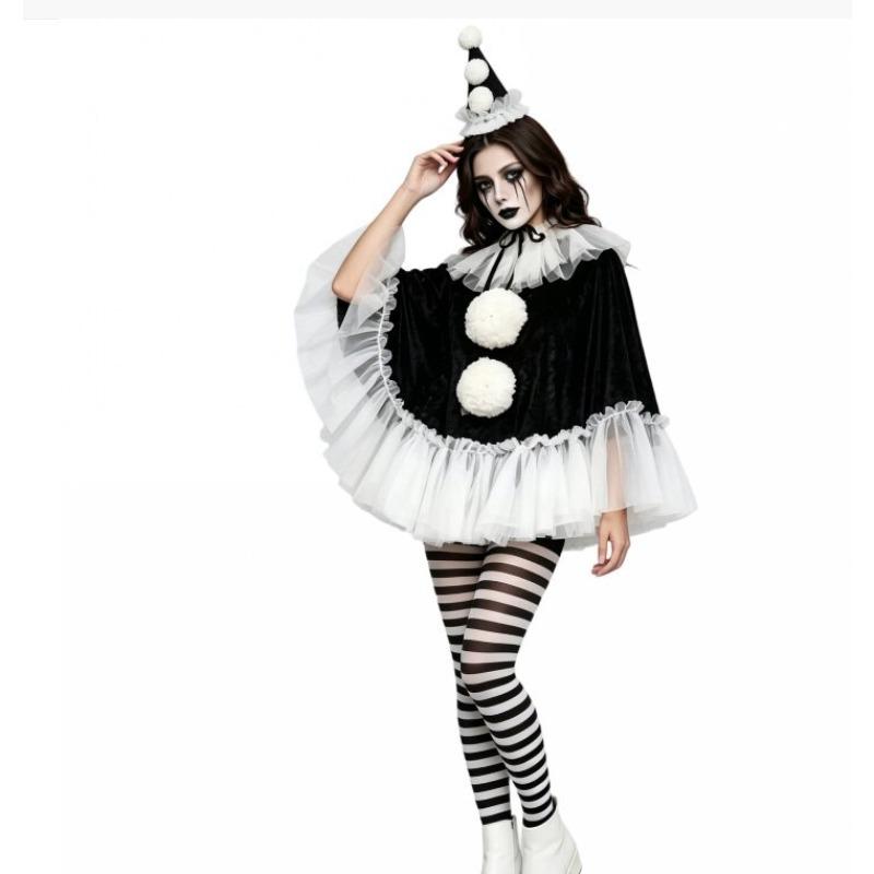 New Women Halloween Cosplay Costume Clown Pierrot Black White Lace Cape Poncho Suits Theme Party Role Playing Outfit for Adult