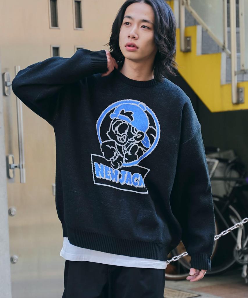 WEGO New Jack Jacquard Knit Pullover Oversized Casual Size Black Men's Top, Unisex, Silhouette, Spring/Autumn/Winter Streetwear, Gift, L,