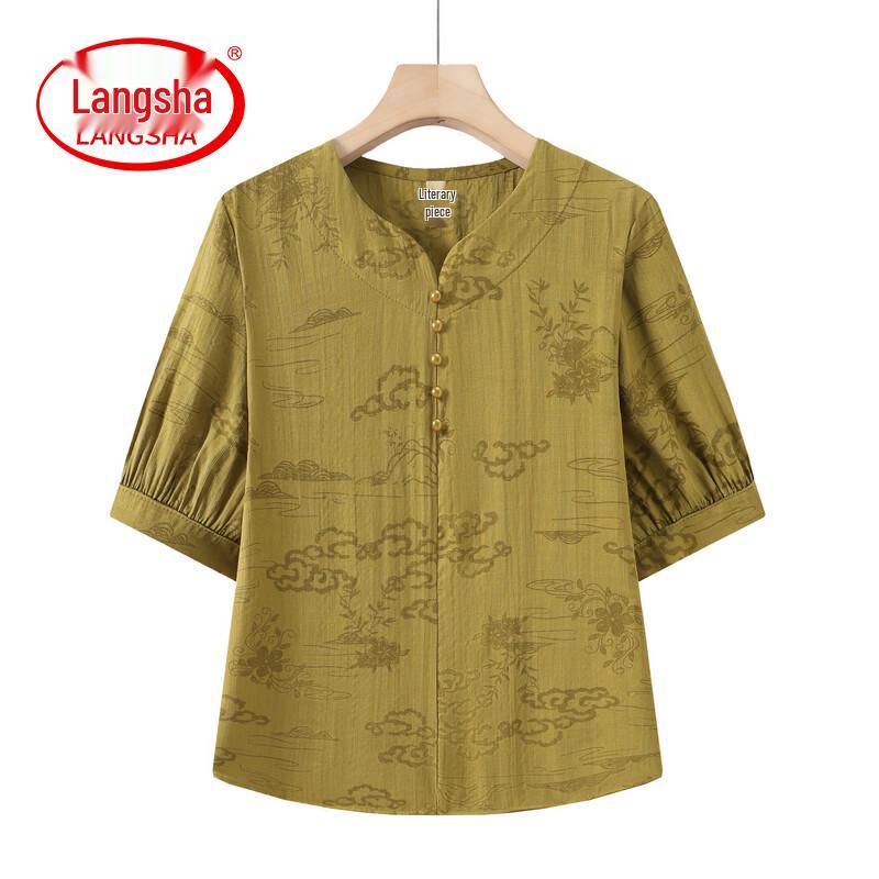 LangSha Women s Tencel Cotton Jacquard V-Neck Short Sleeve Top 4XL