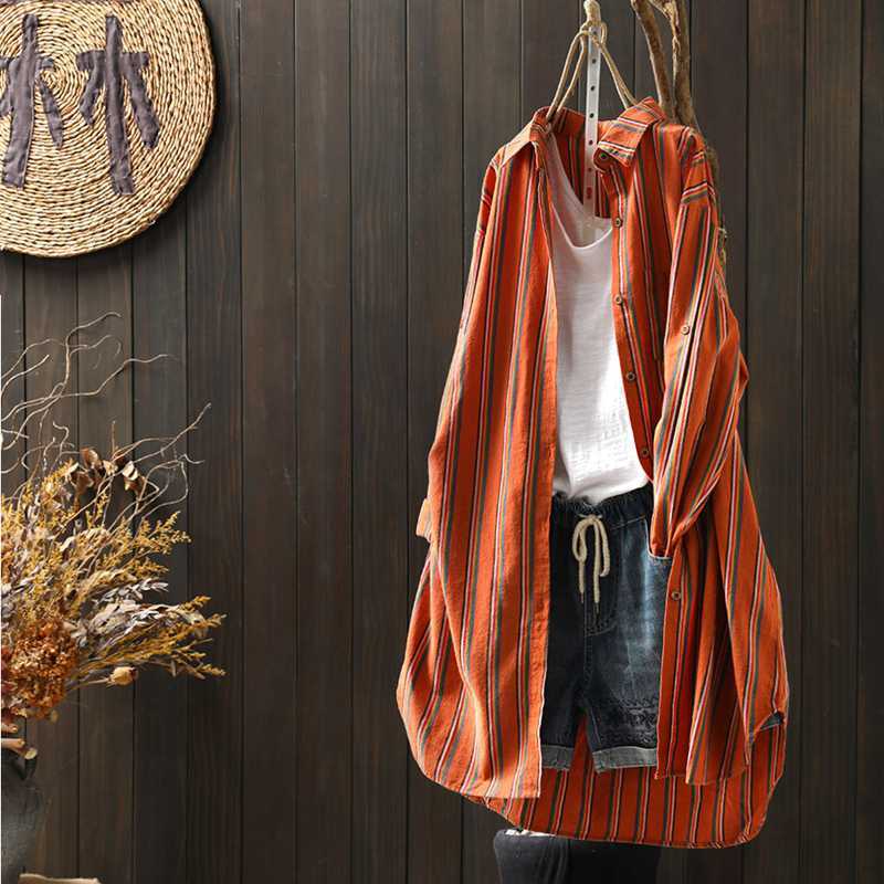Women Vertical Striped Long Sleeve Shirt Vintage Linen Cotton Loose Midi Shirt Dress Casual Spring Oversized Blouse