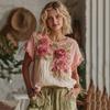 Women Tops Round Neck Short Sleeve Retro Floral Art Print Pullover Tops Loose Fit Soft Fabric Casual Summer Shirt
